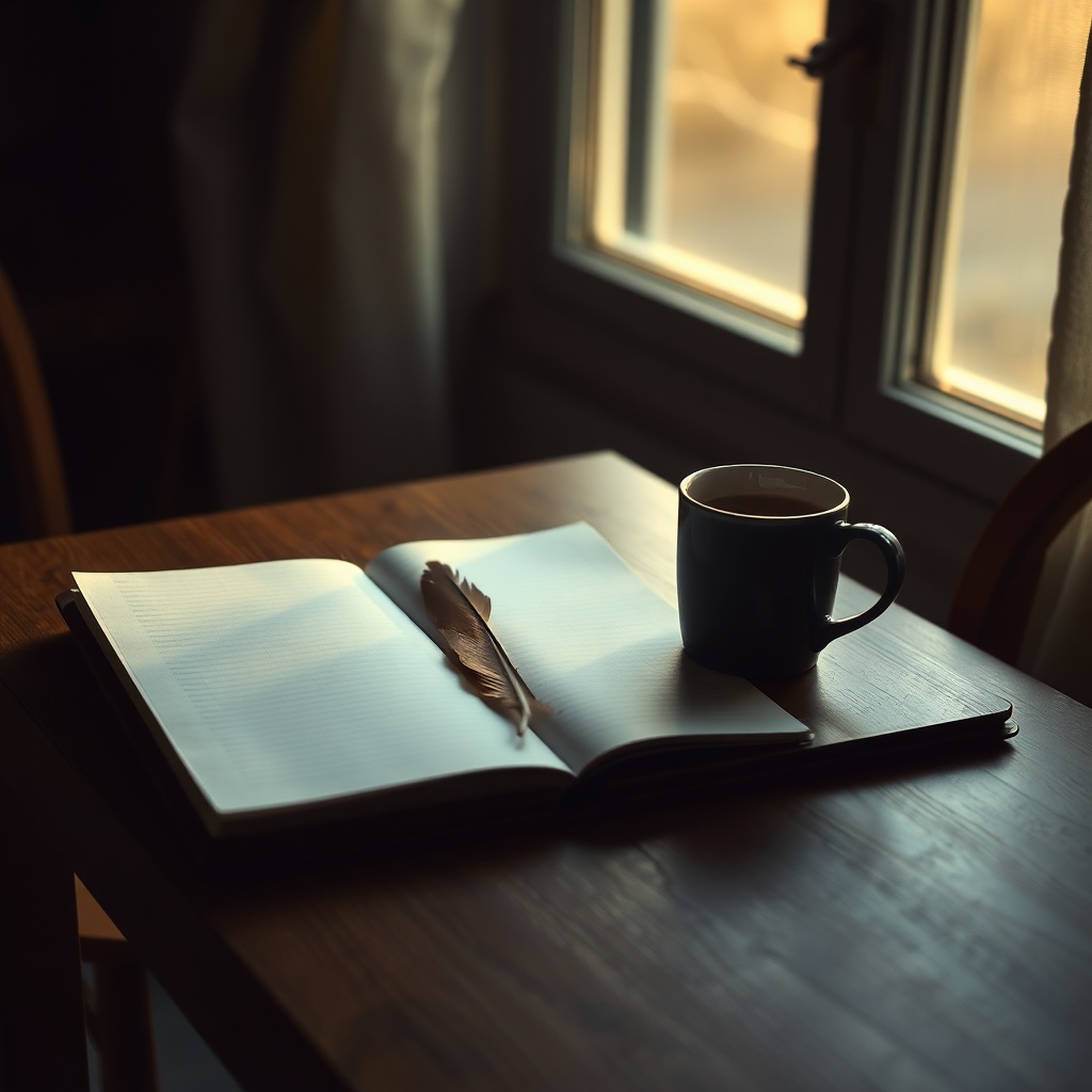 A small kitchen table at dawn with a mug of tea, a notebook half open, and a sin