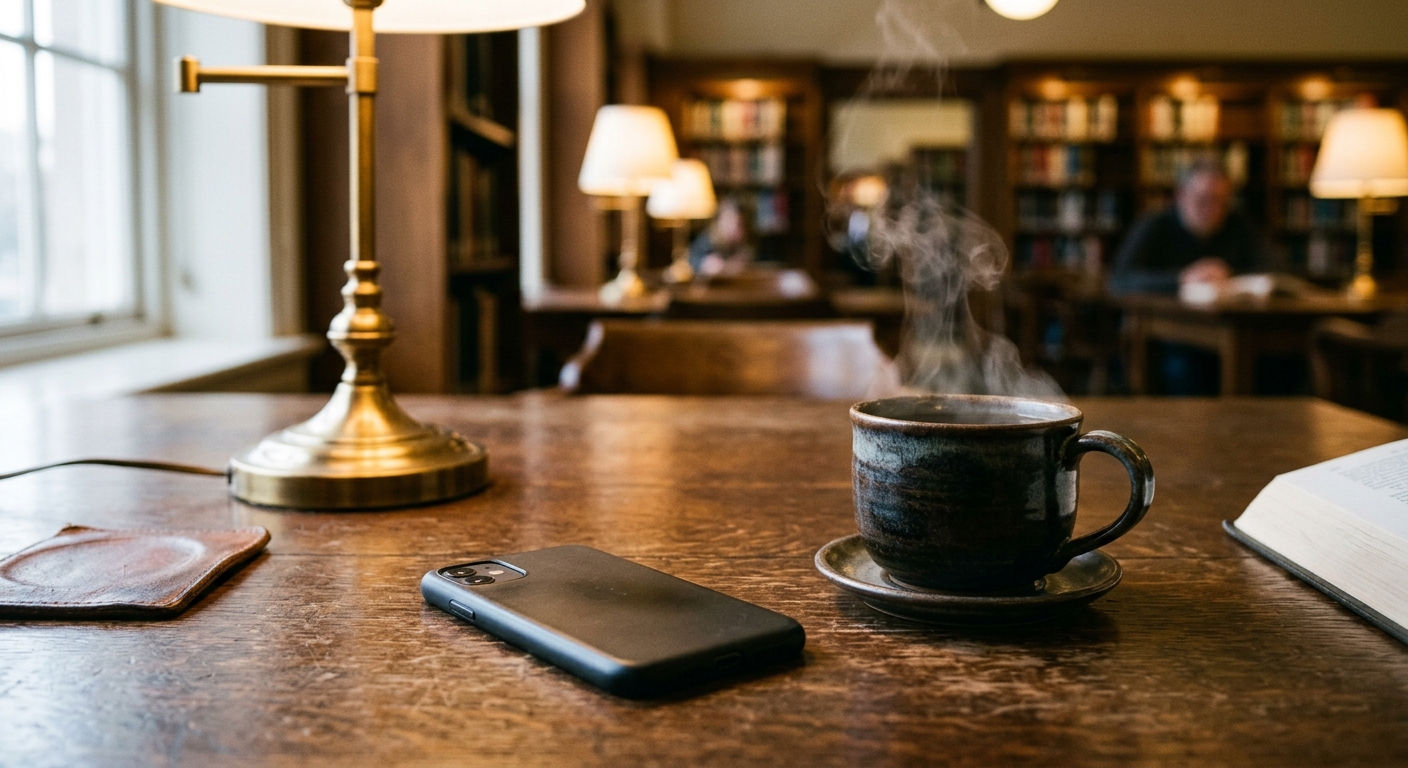 Close-up of a phone face-down beside a steaming mug on a library table, warm lam