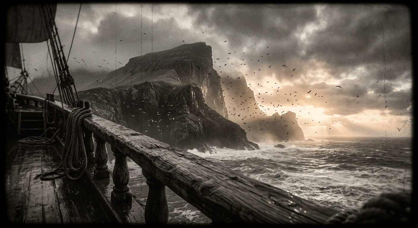 A low-angle view from a ship’s deck toward a massive rocky cape at dawn, seabird