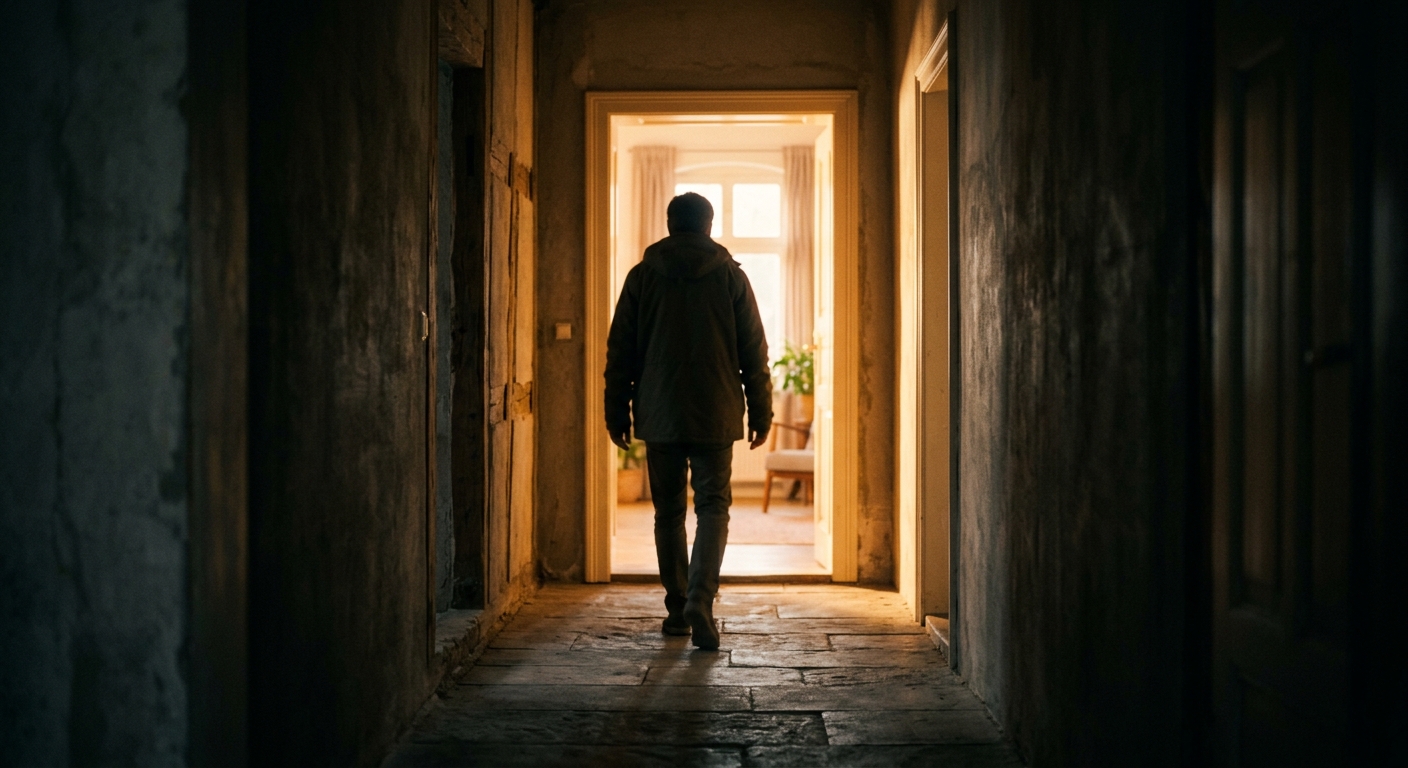 An anonymous figure in a dim hallway, seen from behind, walking toward a doorway