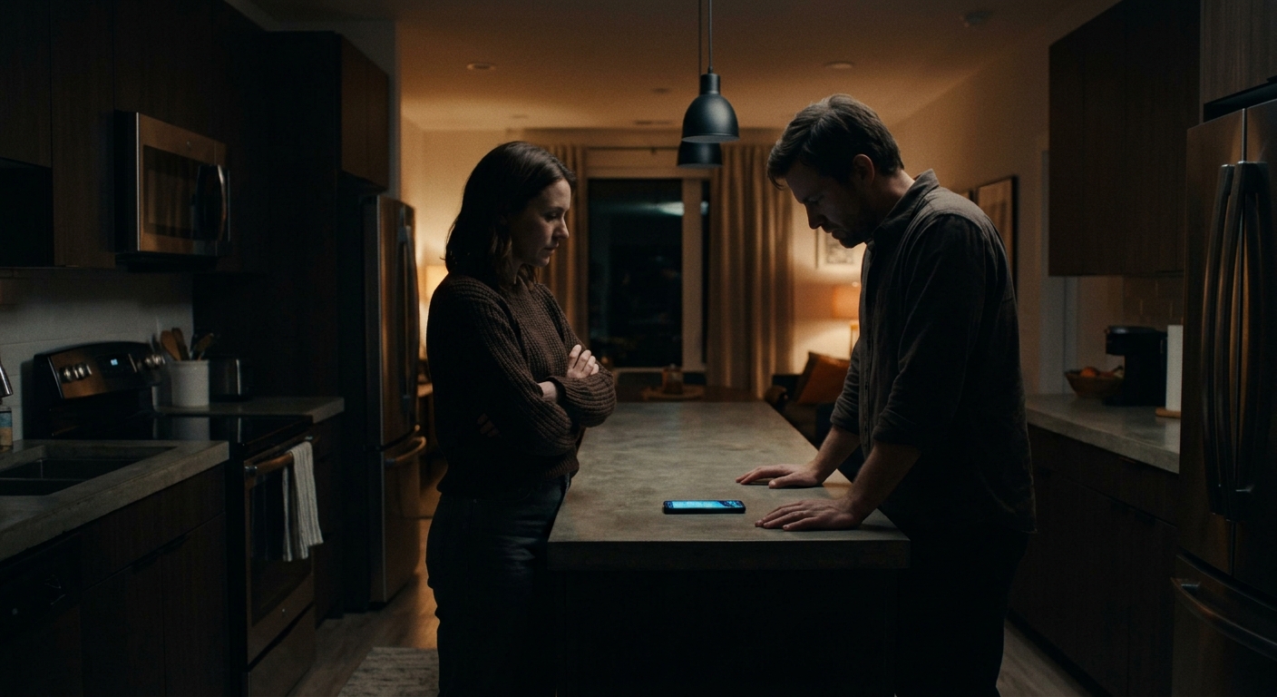 Two figures in a dimly lit kitchen, shadows cast across their tense postures as 