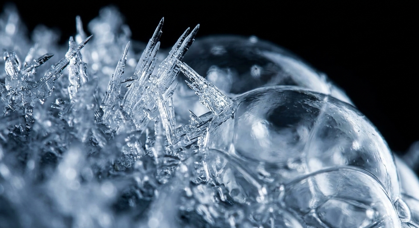 Extreme close-up of an ice crystal forming like jagged needles beside a transluc