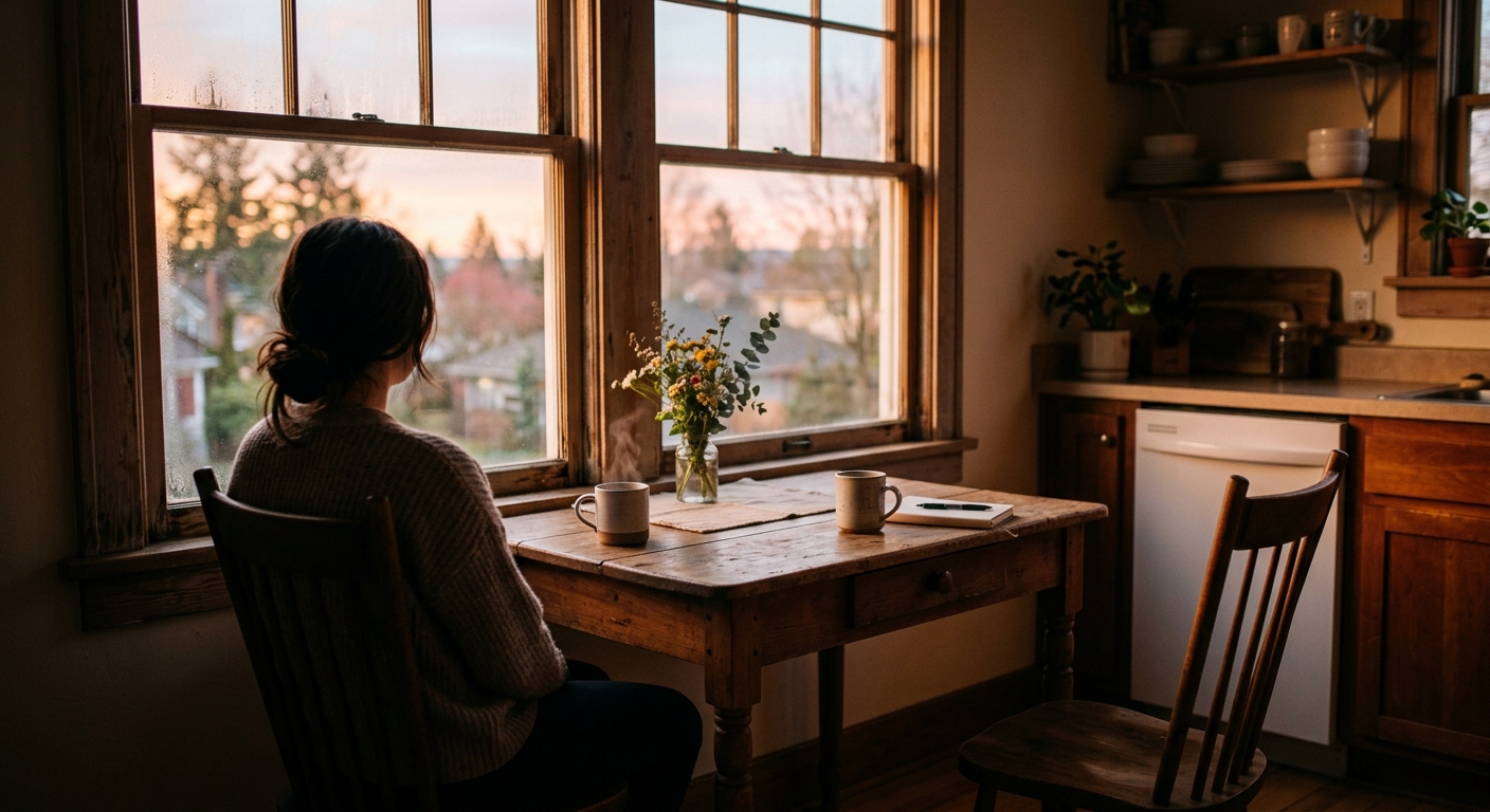 Two mugs on a small kitchen table by a window at sunrise, one chair slightly pul
