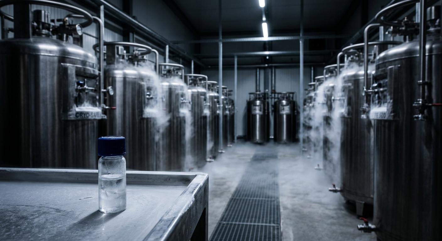 Inside a sleek cryogenic storage room, rows of tall stainless steel tanks with c