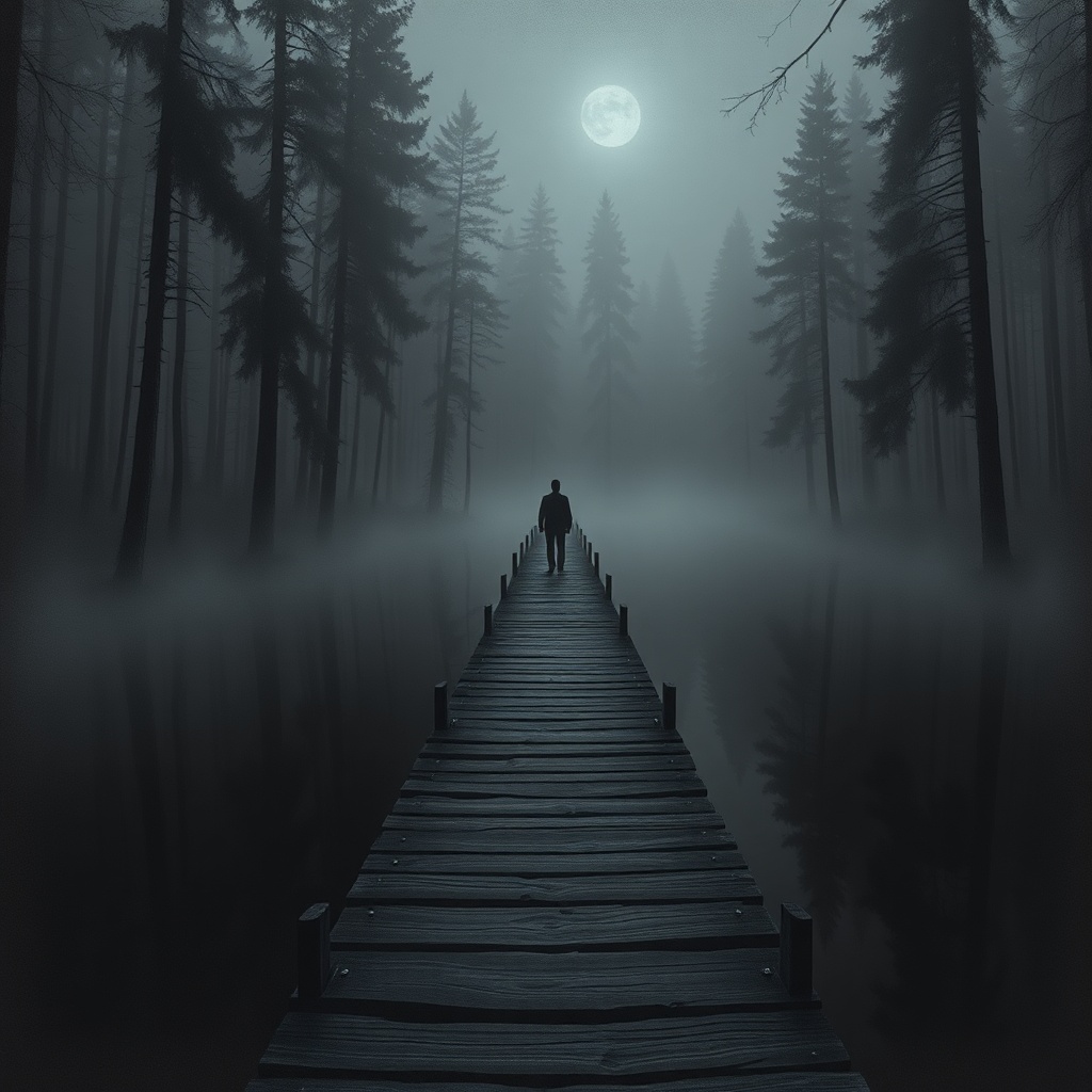 Dark charcoal horror illustration, a narrow wooden boardwalk over perfectly stil