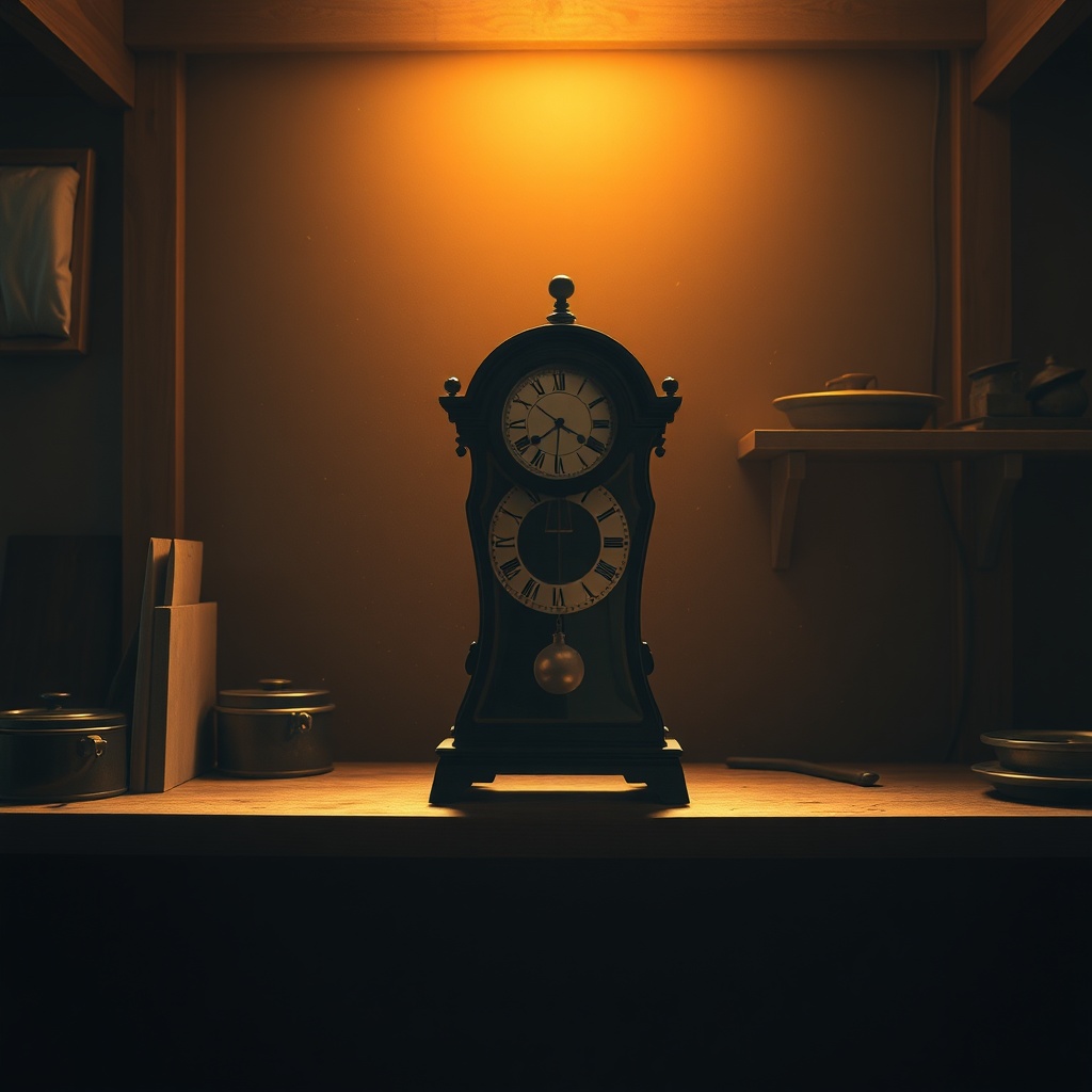 A quiet workshop shelf where the restored clock now sits upright and polished, a