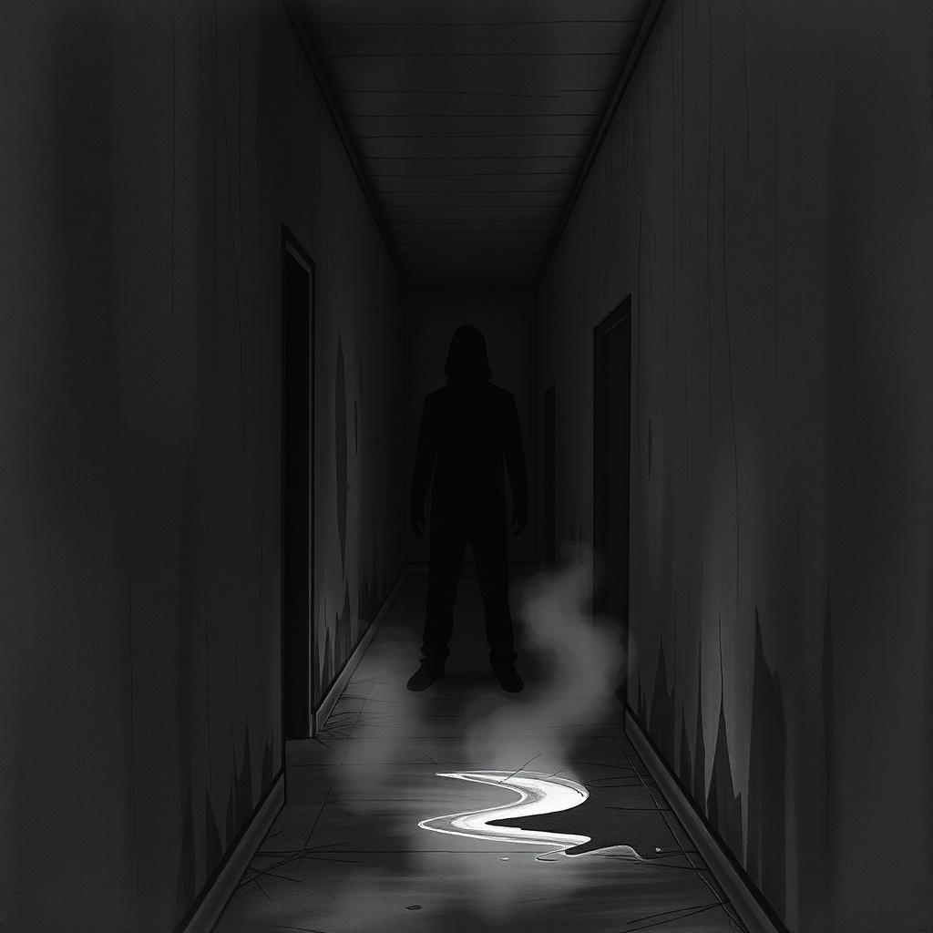 Dark charcoal horror illustration of a narrow peeling hallway ending in a T-junc