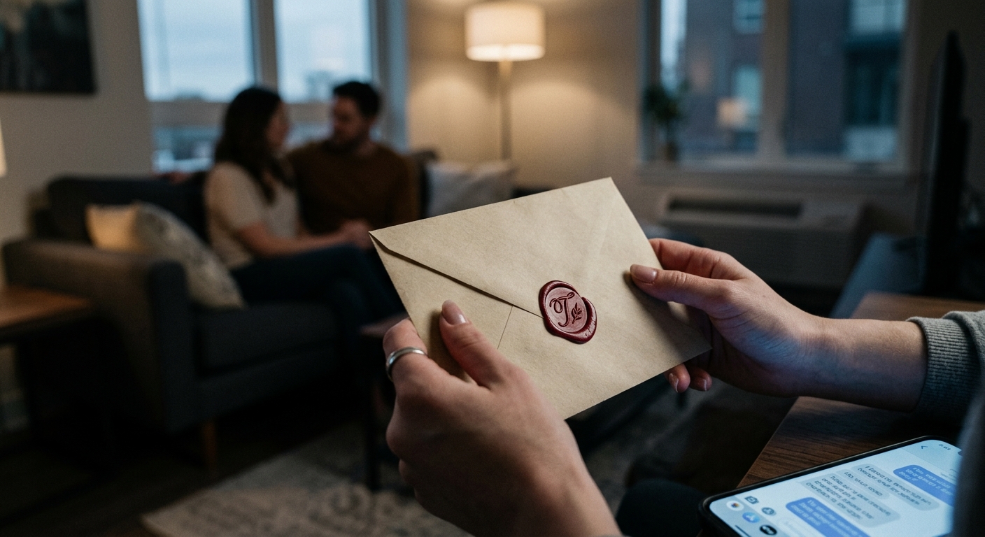 A close-up of the envelope sealed with an elegant wax stamp, cradled in Tessa’s 