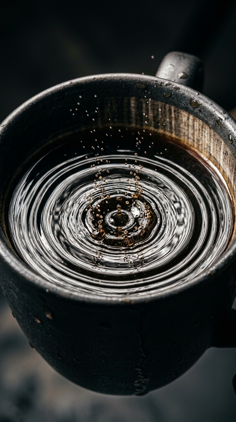 Close-up of coffee surface inside the mug forming crisp concentric ripples and s