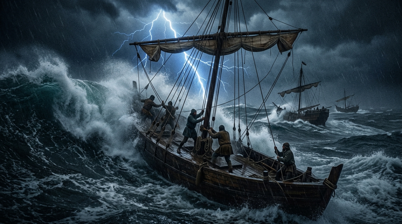 A wide shot of three small caravels fighting towering waves in a gale, sails ree