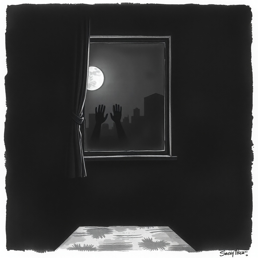 Dark charcoal horror illustration, vertical framing, interior of a modest room w