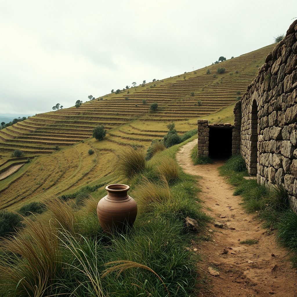 A rural Mediterranean hillside with neglected terraced fields and an empty villa