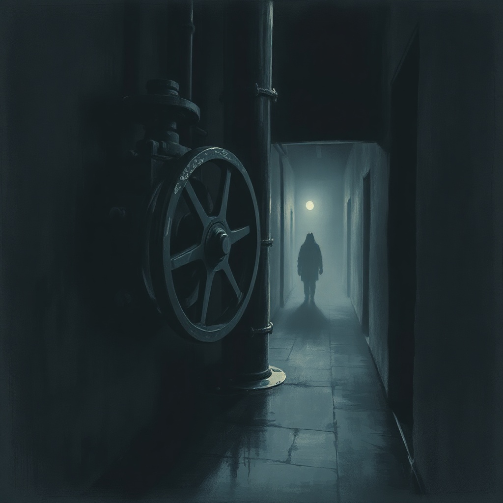 Dark charcoal horror illustration of a basement corner with a large old valve wh