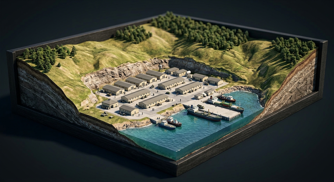 A semi-realistic cutaway-style scene of a compact coastal base: neat rows of low