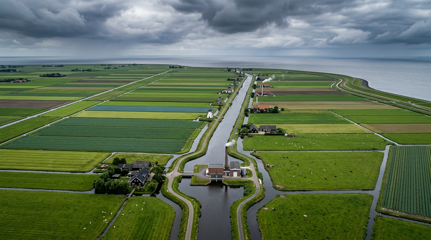 A wide, clean aerial view of Dutch polders: green fields in neat rectangles belo