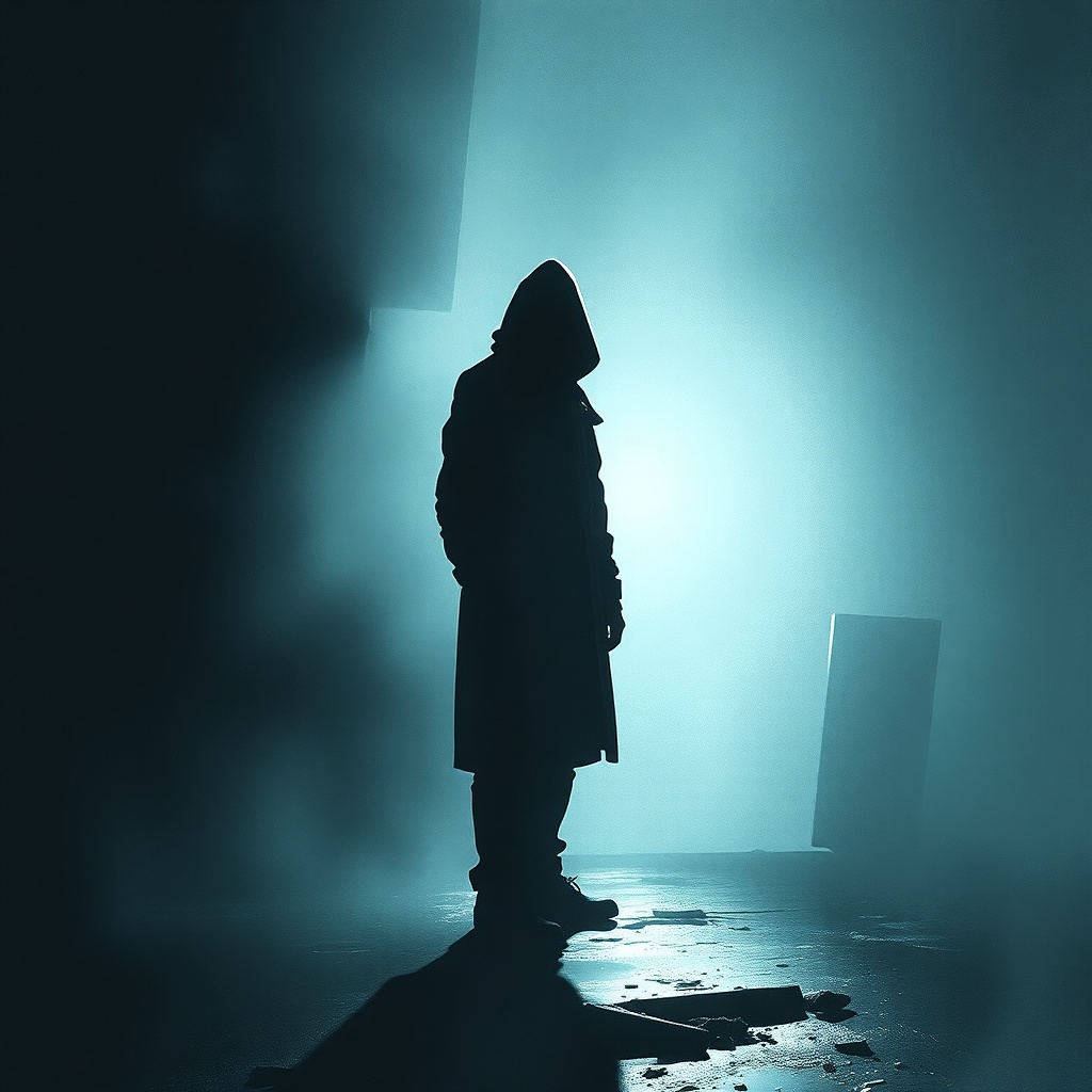 A half-visible shadowy figure standing just beyond the cusp of bright light, har
