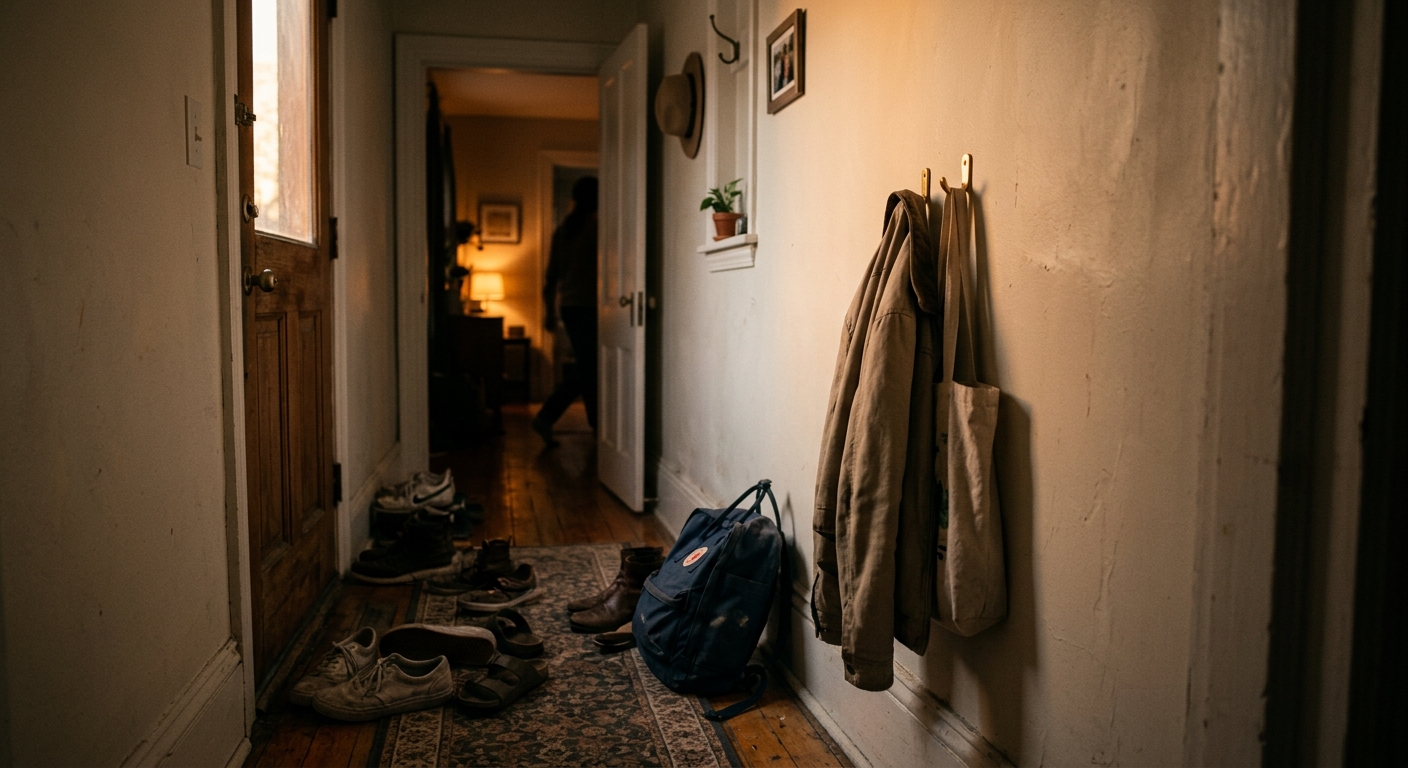 A narrow hallway with scattered shoes and a backpack by the door, one small hook