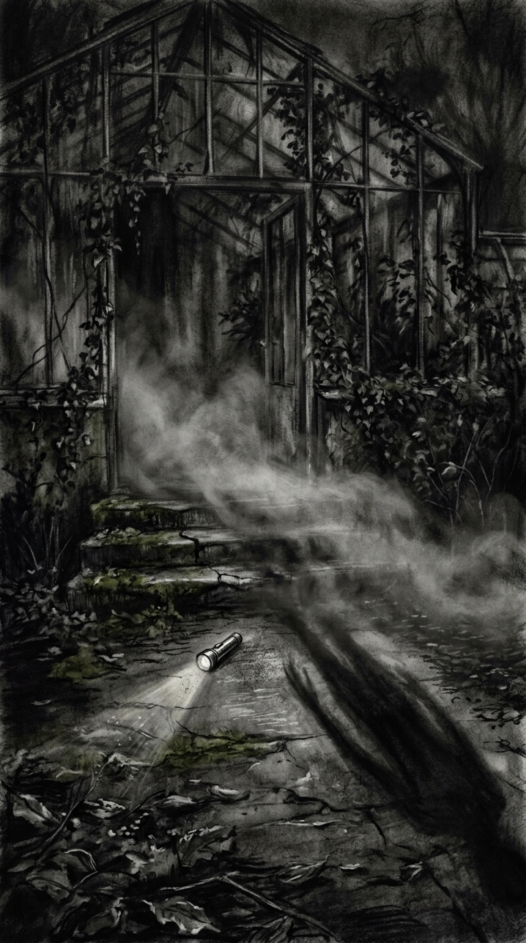 Dark charcoal horror illustration focused on the greenhouse threshold from outsi