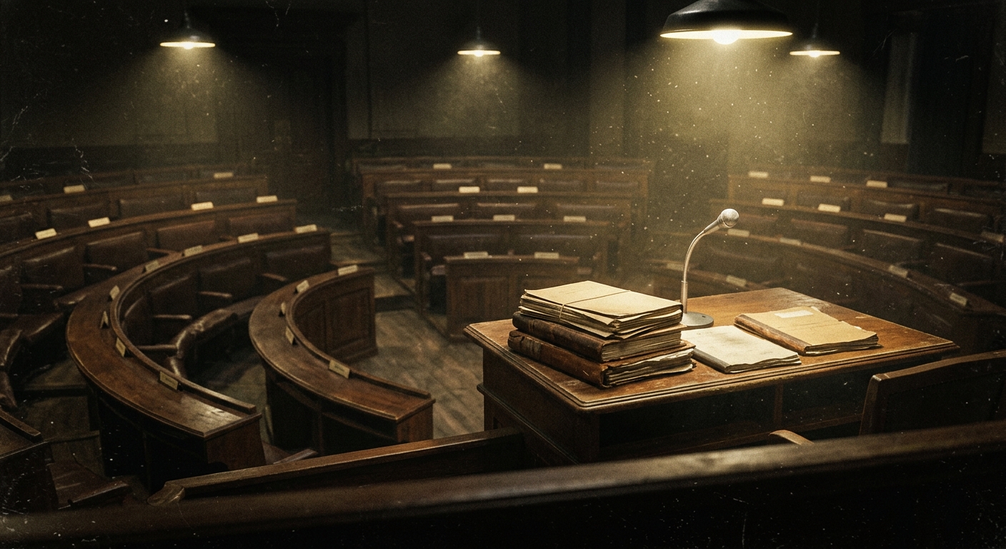 A parliamentary chamber seen from the back row: empty seats under harsh overhead