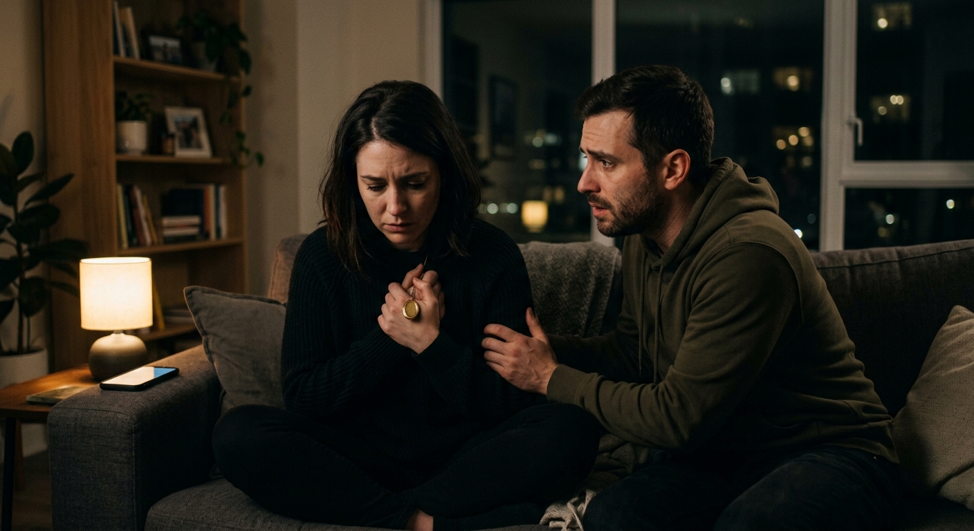 A dimly-lit living room, where a couple sits on a plush sofa. One partner is clu