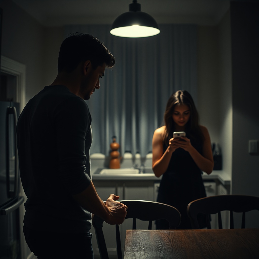 Man in a dim kitchen gripping the back of a chair, tense shoulders, woman watchi