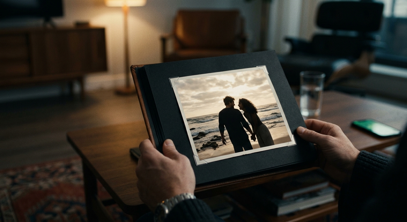 A close-up of a newly taken photograph in the album — a picturesque beach scene,