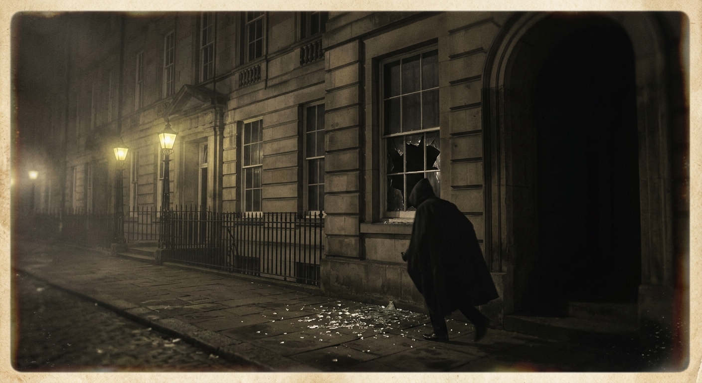 Night exterior of a grand Edwardian government building with tall windows, one p