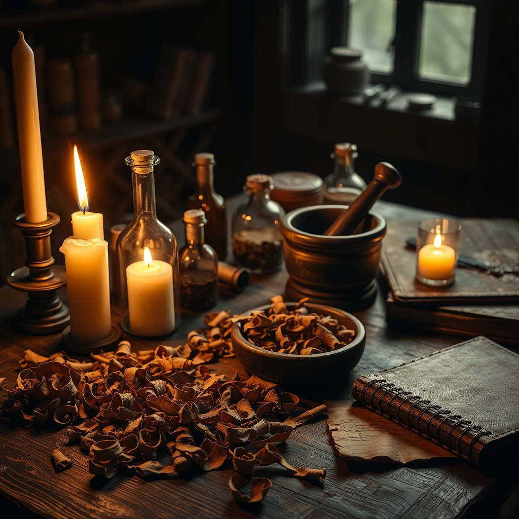 A candlelit apothecary table with mortar and pestle, scattered dried bark curls,
