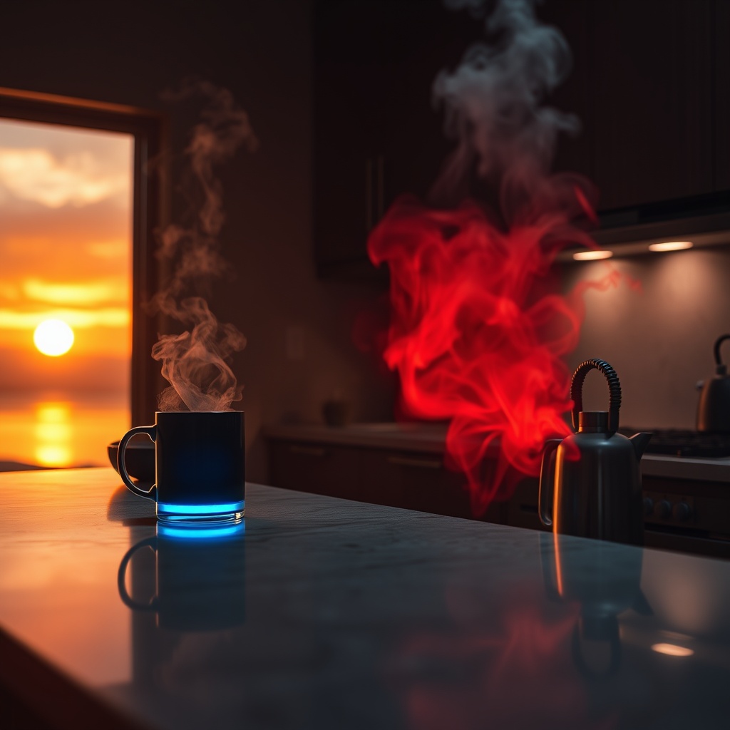 A kitchen at sunrise with two people at a counter, one mug glowing cool blue and
