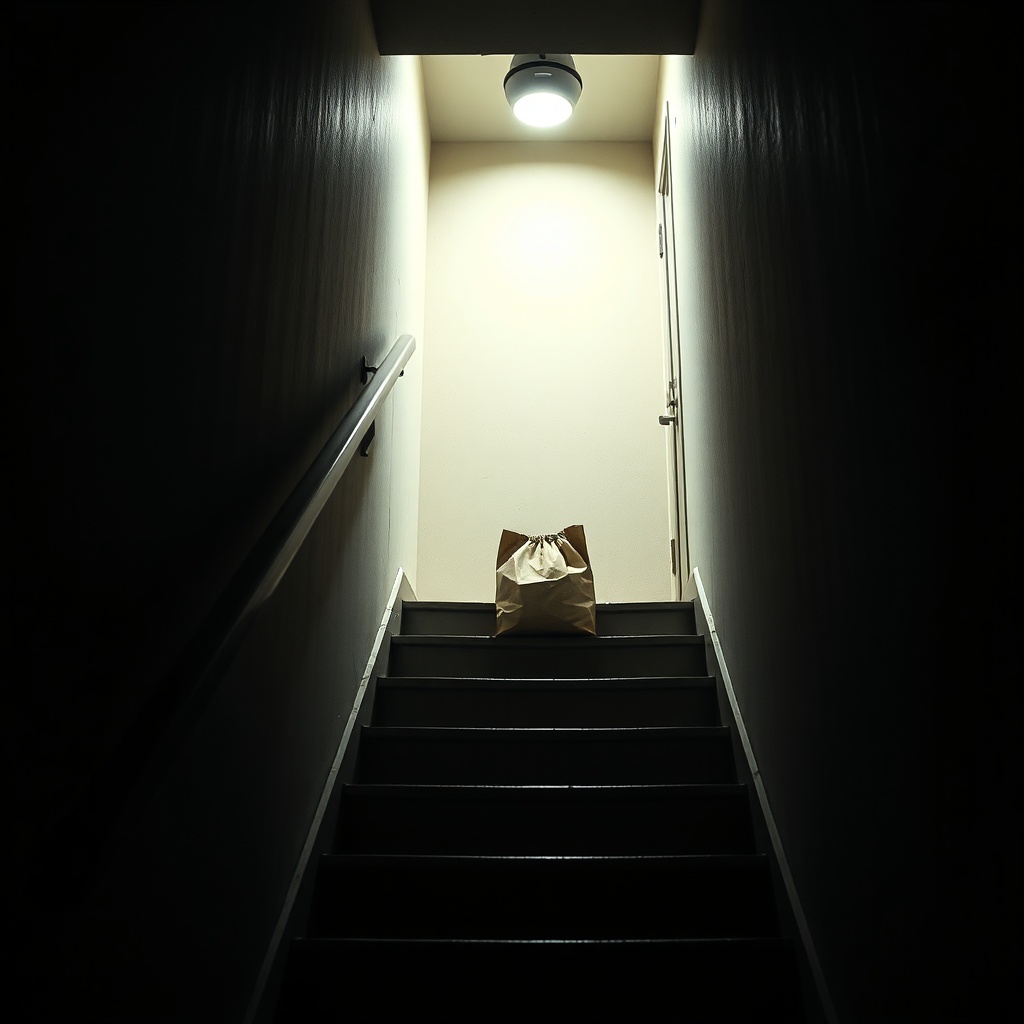 A steep, poorly lit apartment stairwell at night with missing stair treads and a
