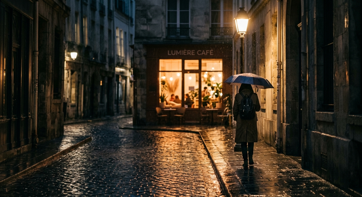 A nighttime street with soft rain reflections, a lone person walking under a war