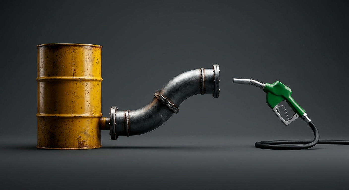 A simplified still life of three objects arranged like a chain: an oil barrel, a