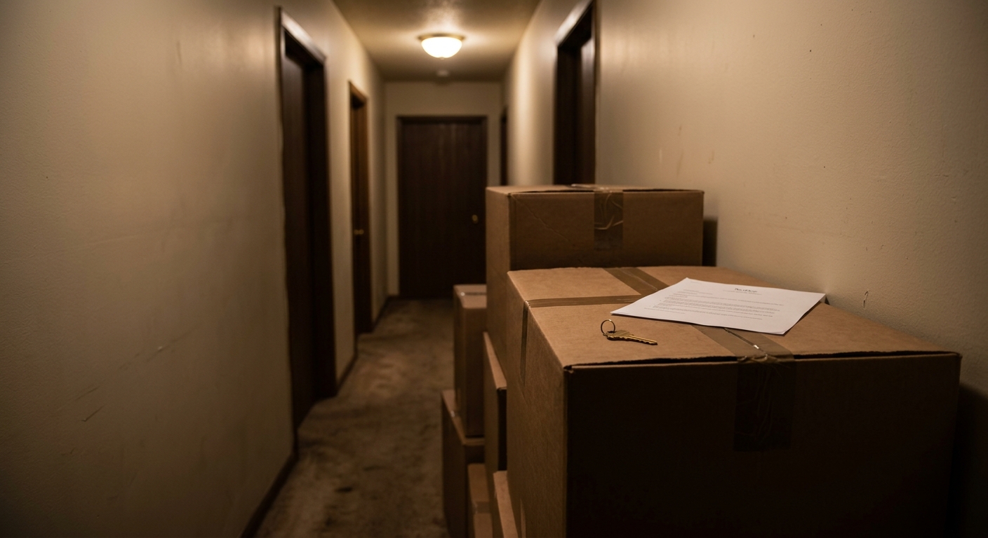 A dim hallway with stacked moving boxes and a single key on top, an eviction not
