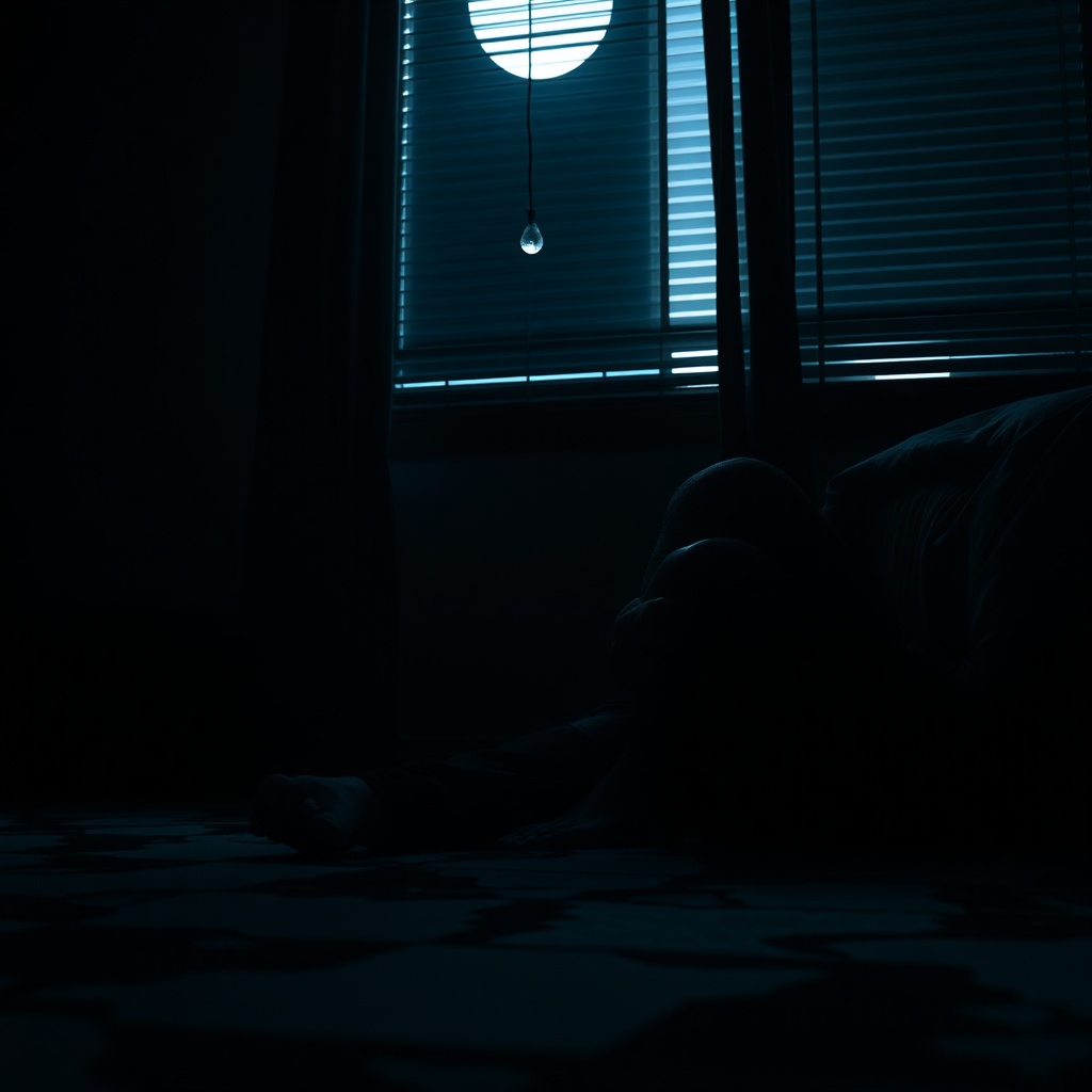 Intimate vertical close-up of a person alone in a dark bedroom, sitting on the f