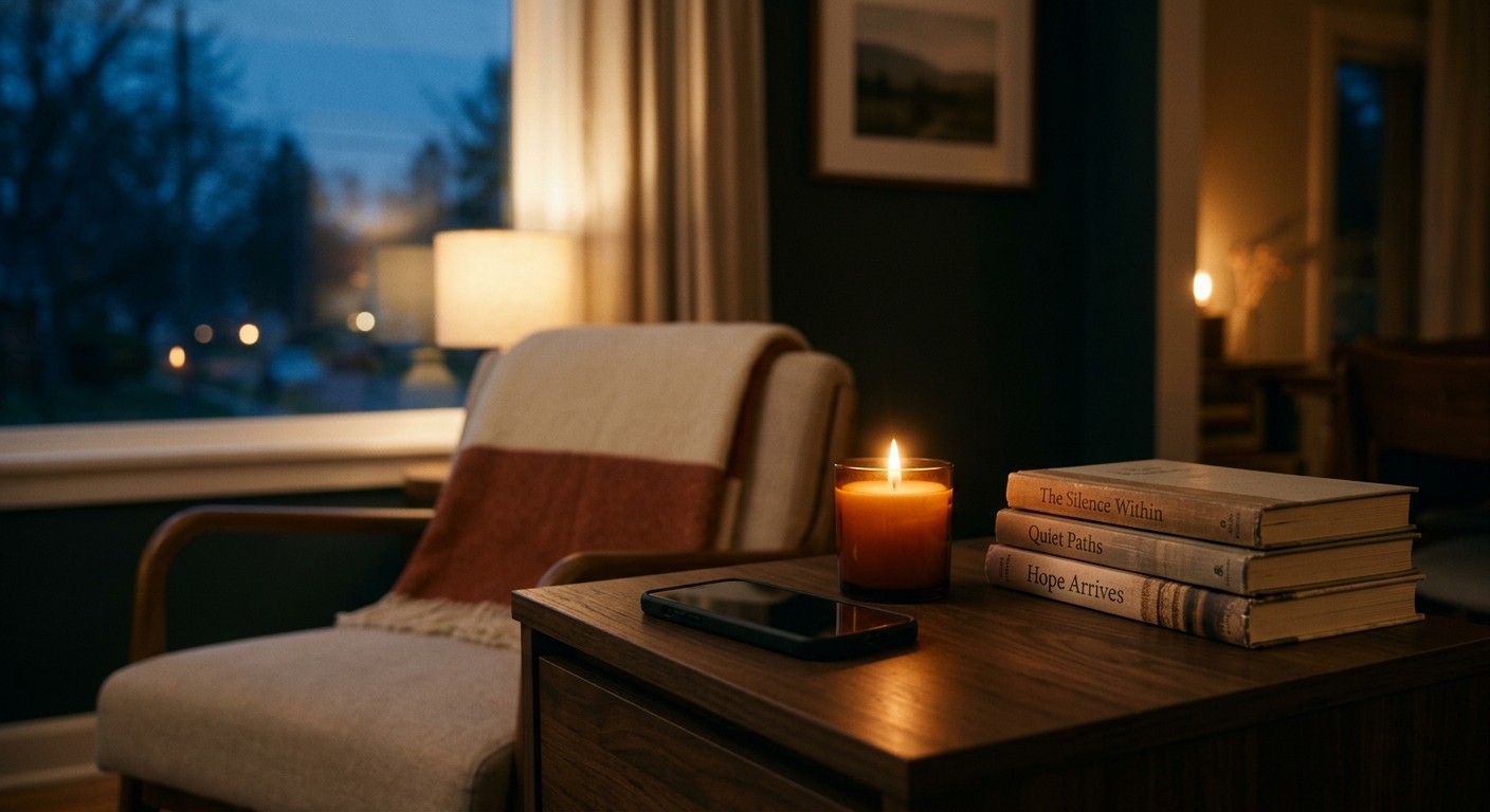 A phone facedown beside a lit candle and a small stack of books on a side table,