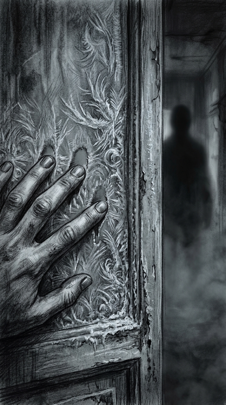 Close-up of fingertips brushing over a door blanketed in thick frost, the textur