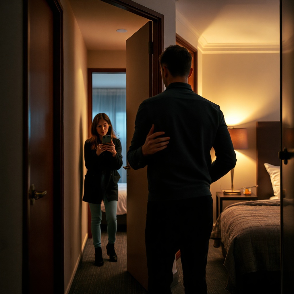 Hotel hallway confrontation, a man holding a door half-open with tense posture, 