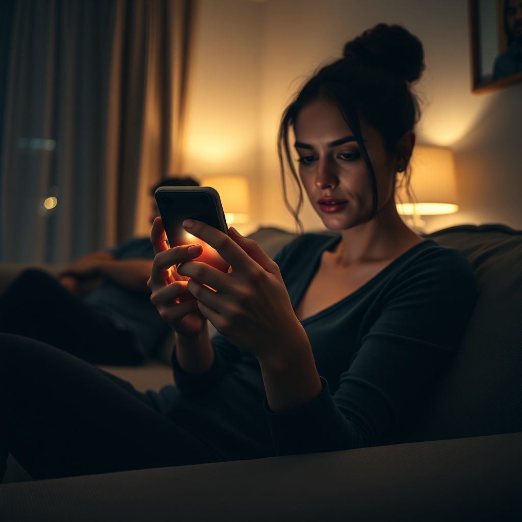 Over-the-shoulder shot of a woman on a couch holding a glowing phone, her knuckl