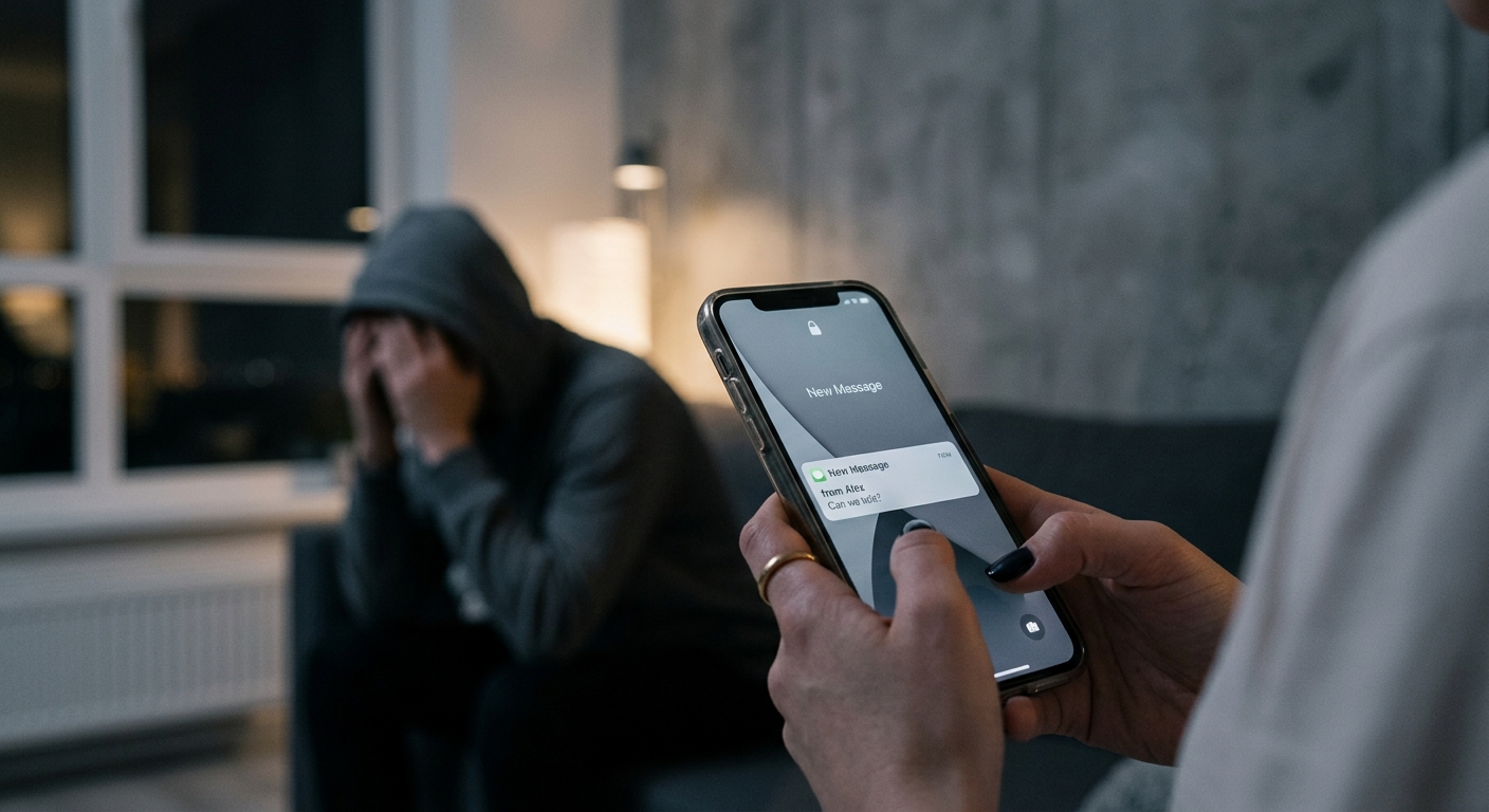 A phone screen showing a message notification, the background a blur of grey sha