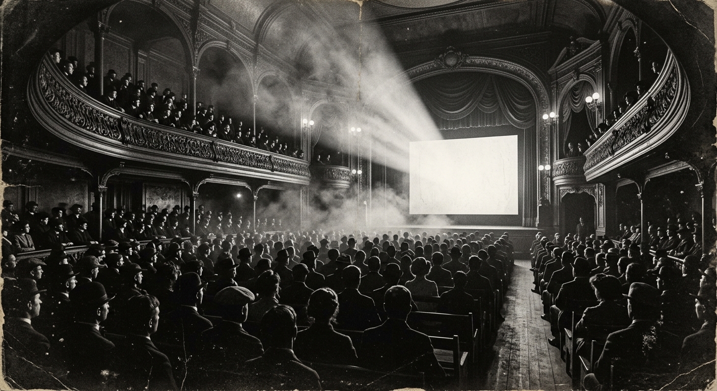 A crowded 1890s vaudeville hall interior with ornate balconies, a bright project
