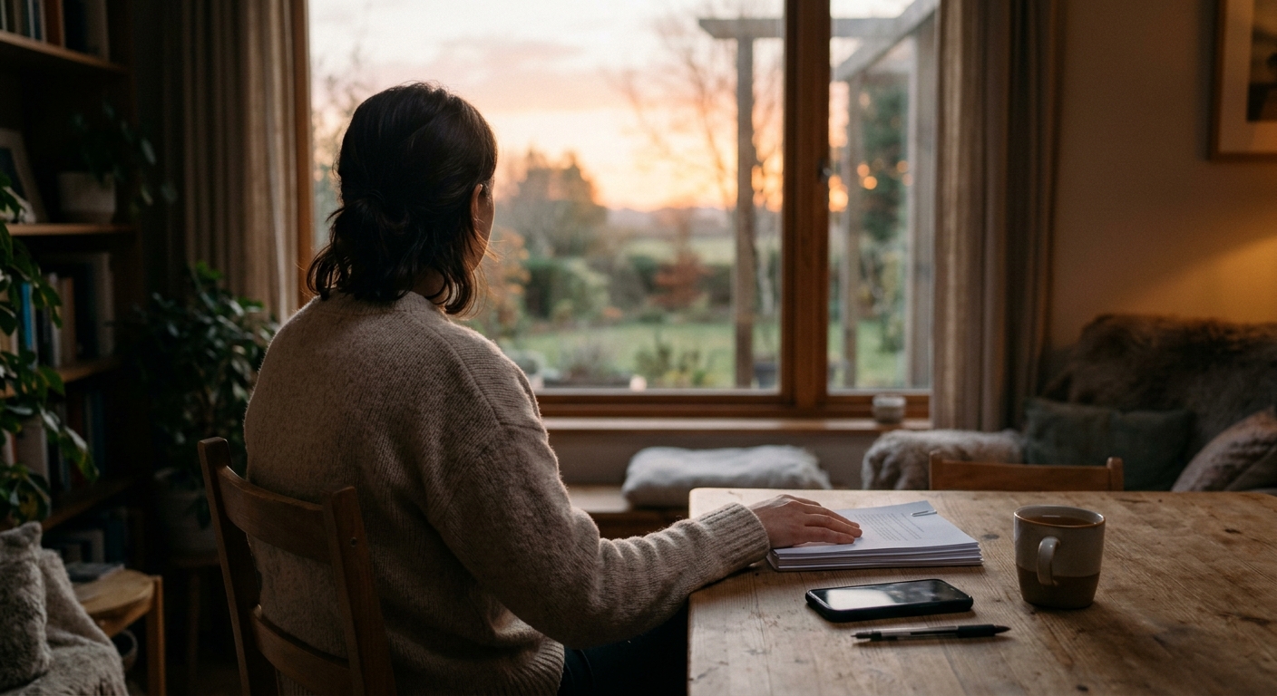 A person seen from behind sitting by a window in early morning light, phone on t