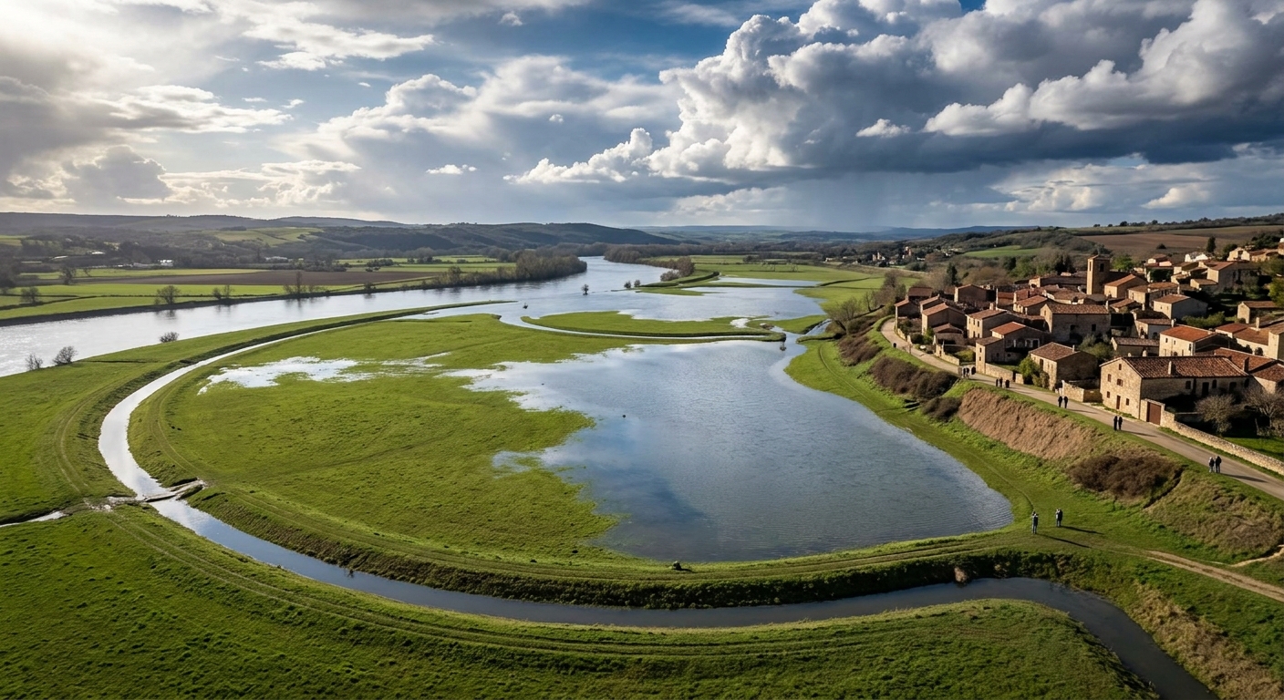 A serene but striking river landscape with a widened floodplain: a low grassy ba
