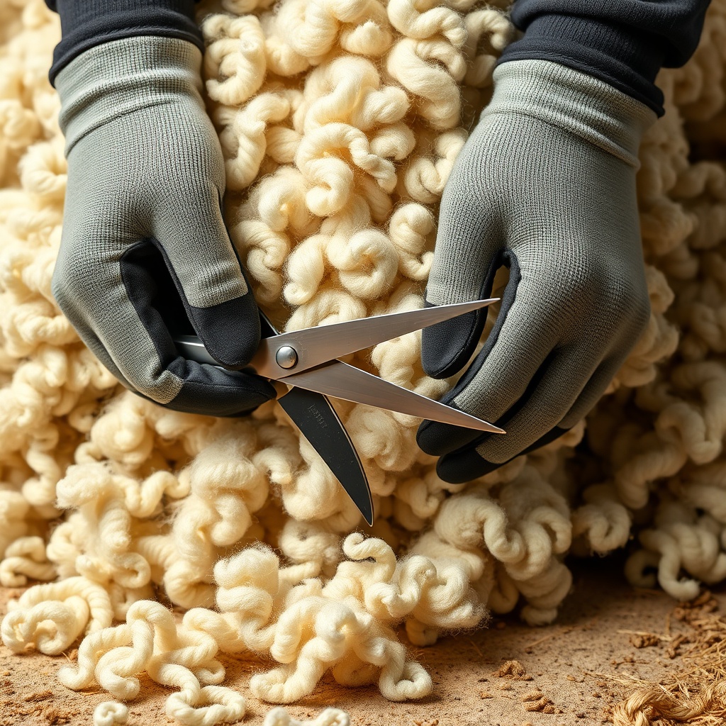 A close-up of a pair of gloved hands holding metal shears near a thick curly fle