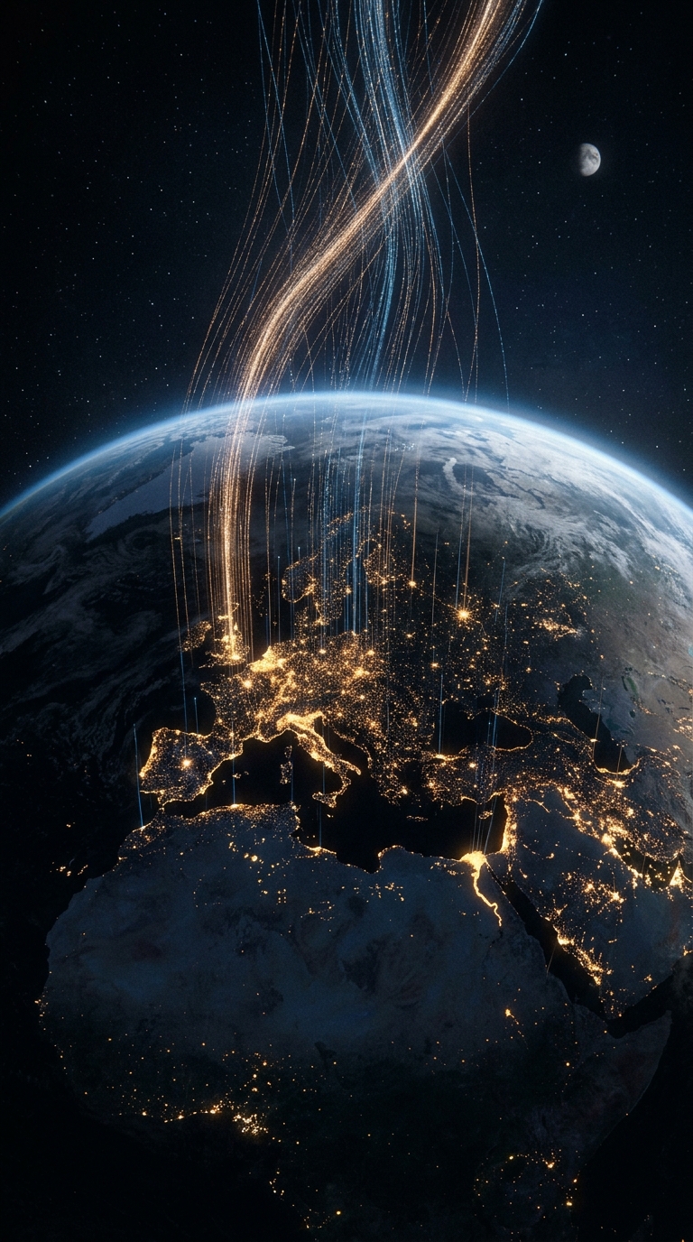 Cinematic science visualization, realistic but dramatic, a planetary-scale night