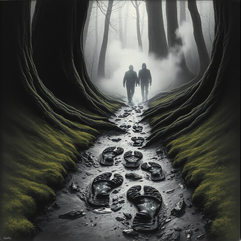 Dark charcoal horror illustration, a close view of boot prints on a narrow muddy