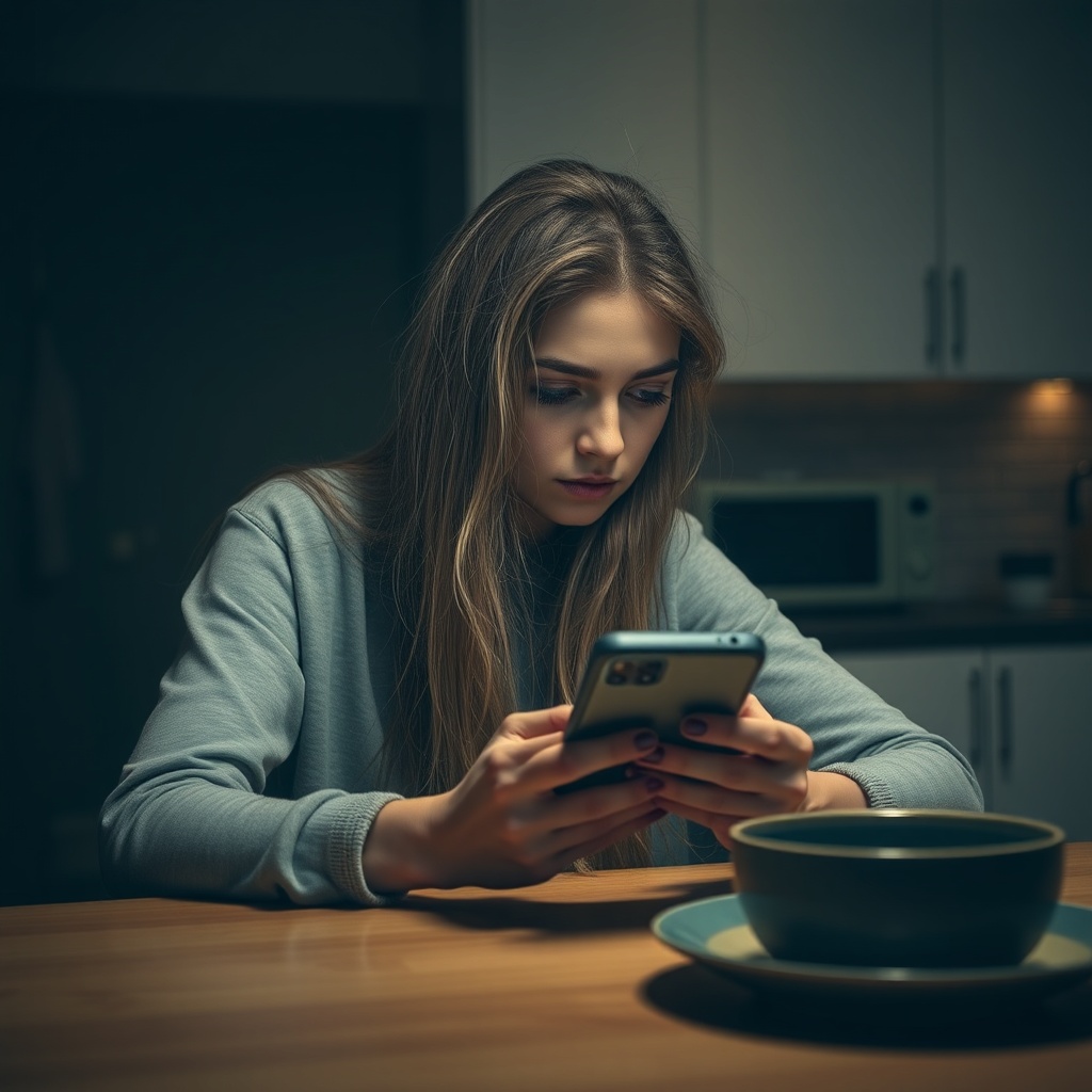 A woman with long, disheveled hair, nervously glancing at her phone while seated