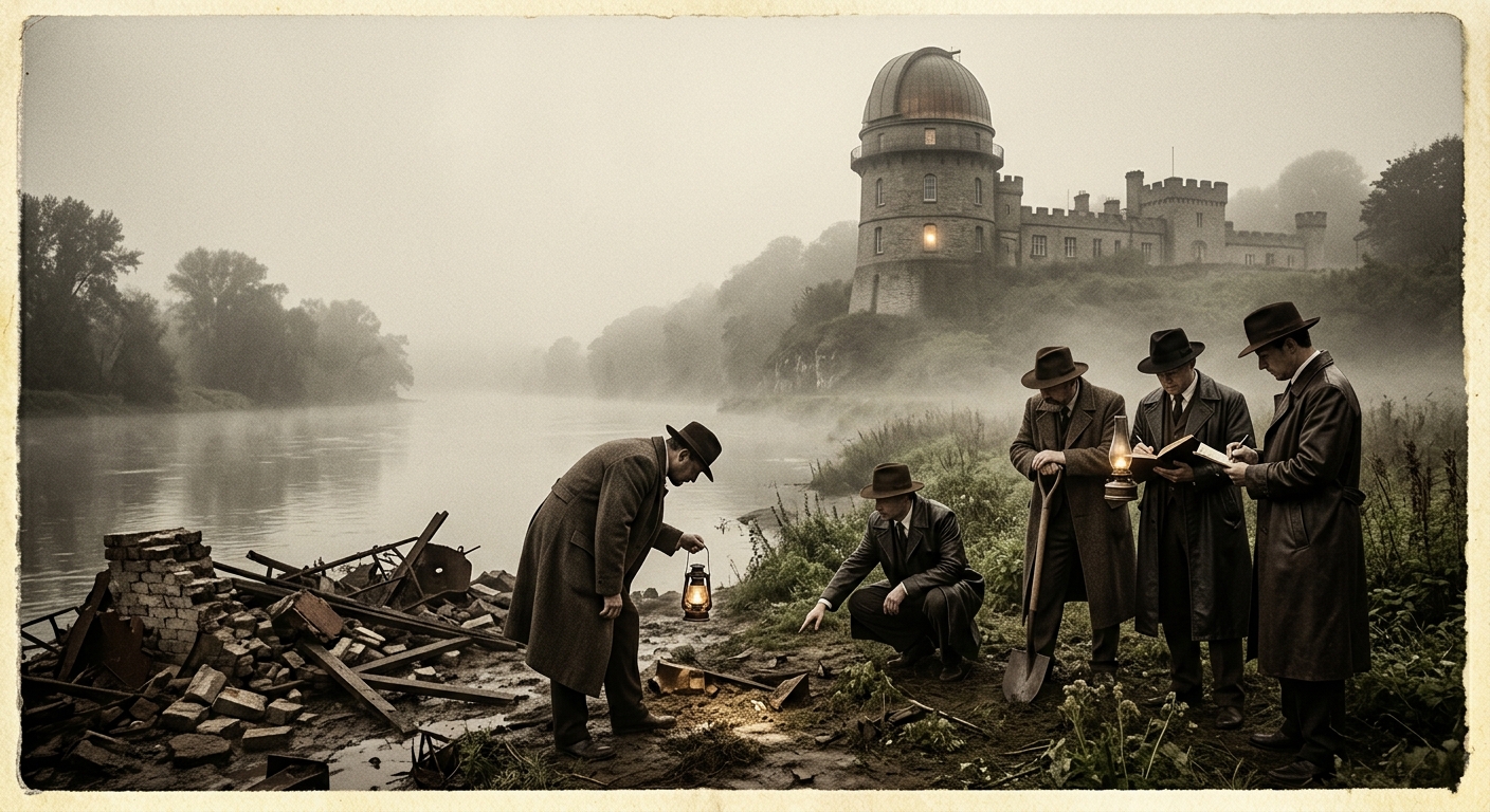 A foggy riverside view near an observatory-like stone building on a hill, broken