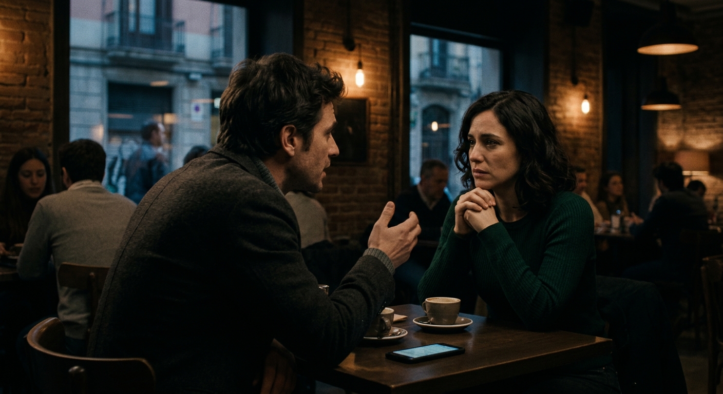An anonymous man in a café in Barcelona, animatedly talking to a woman with dark