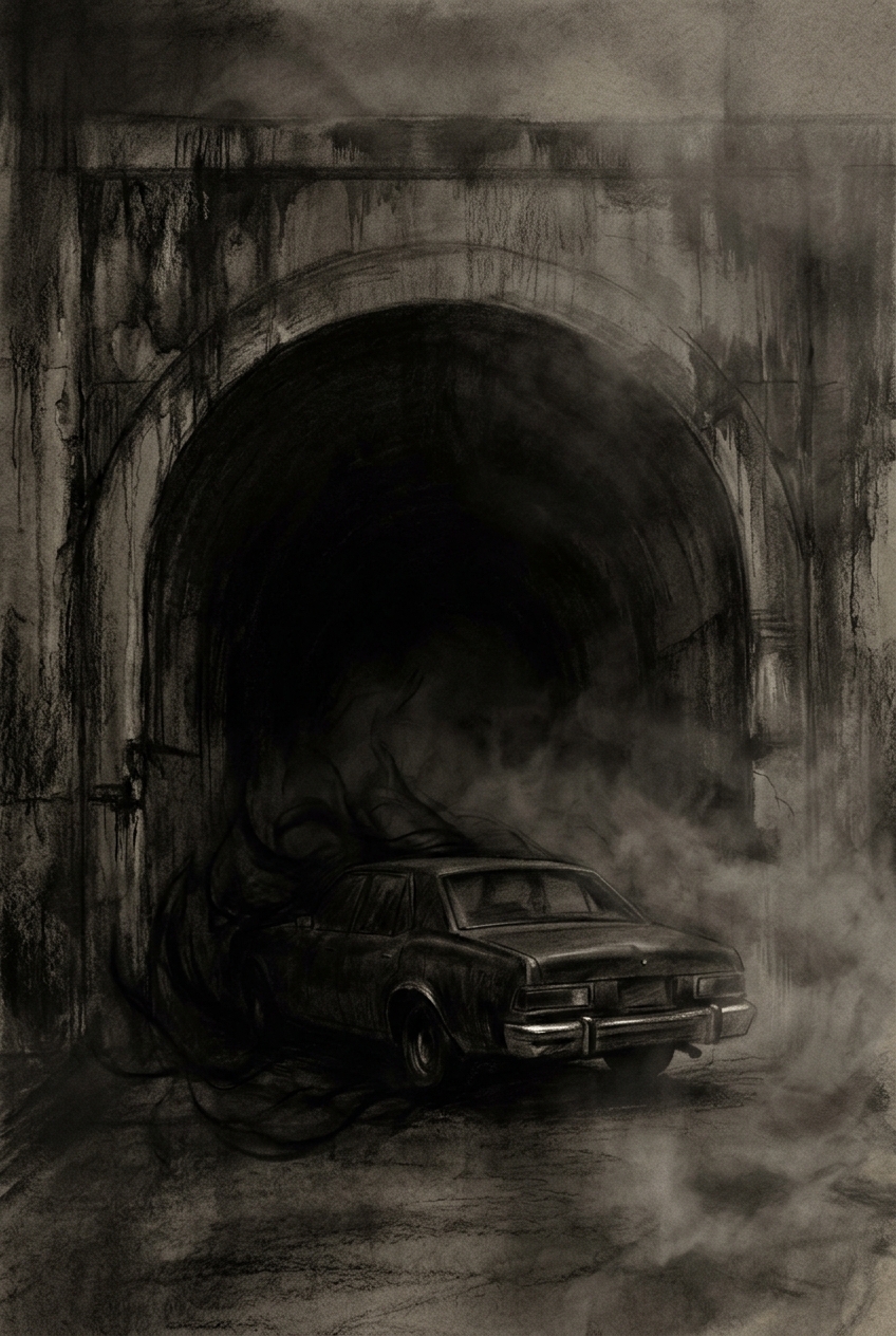 A lone car silhouetted beneath a wide tunnel opening, half-immersed in shadow