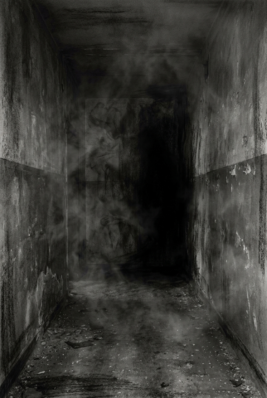 A narrow, empty-room echoing in silence with one corner draped in shadows deeper